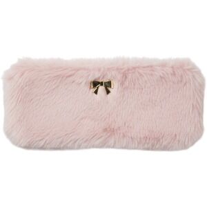 Tahari Pink Faux Fur Pencil Case Makeup Pouch Gold Bow Detail Zippered Organizer